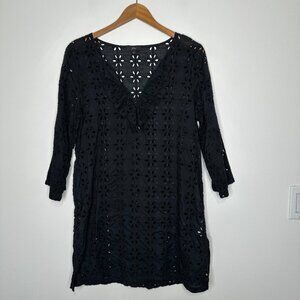 J Crew Laser Cut Eyelet Ruffle Tunic Swim Cover up Size M Black V-Neck